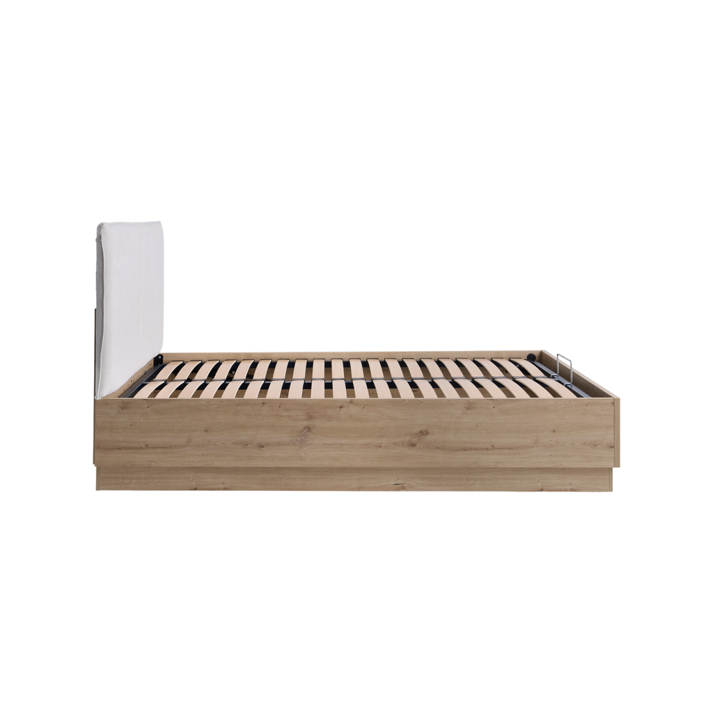 Lit coffre décor bois avec tête de lit tissu Géorgia