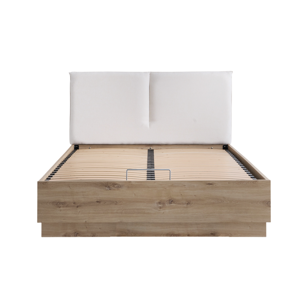 Lit coffre décor bois avec tête de lit tissu Géorgia