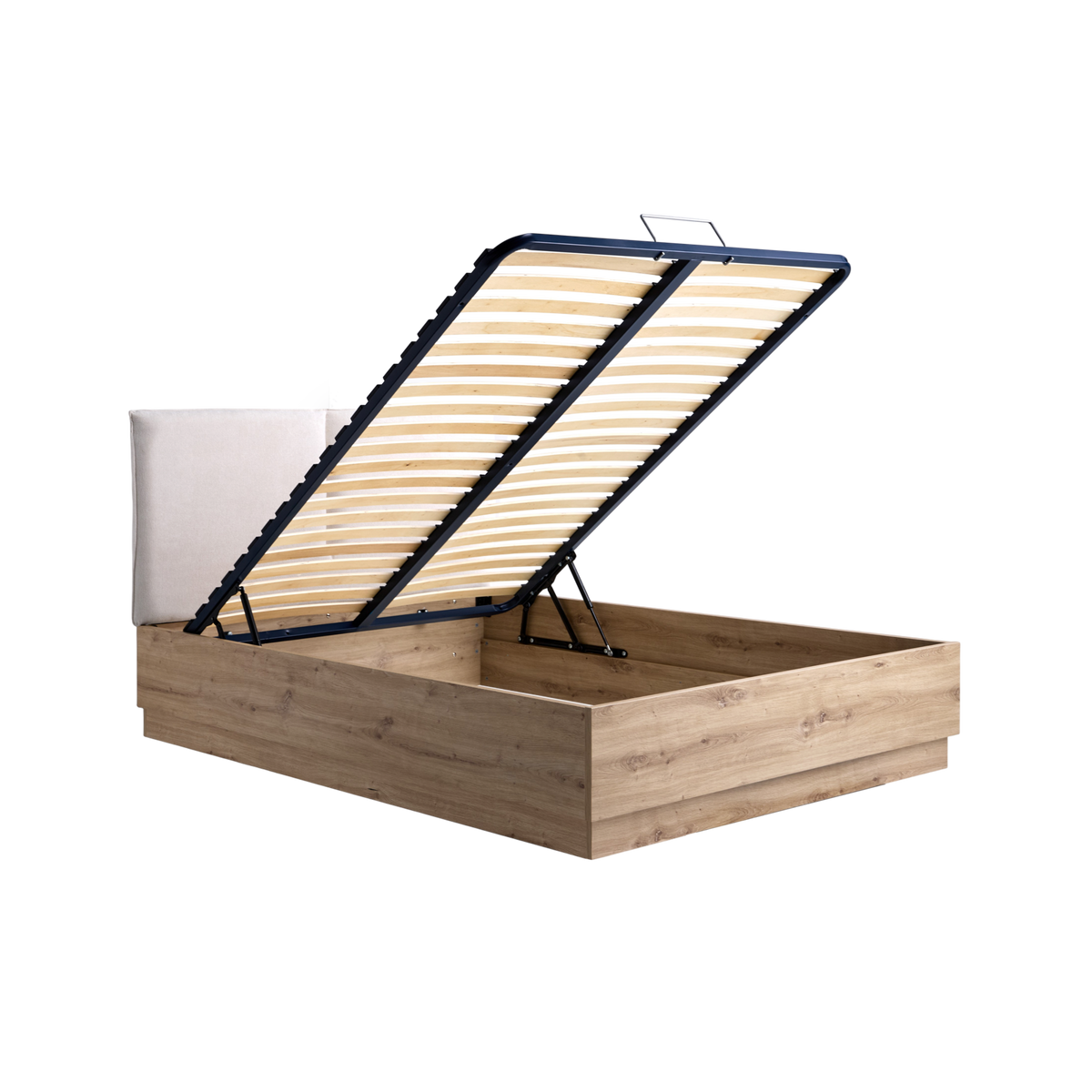 Lit coffre décor bois avec tête de lit tissu Géorgia